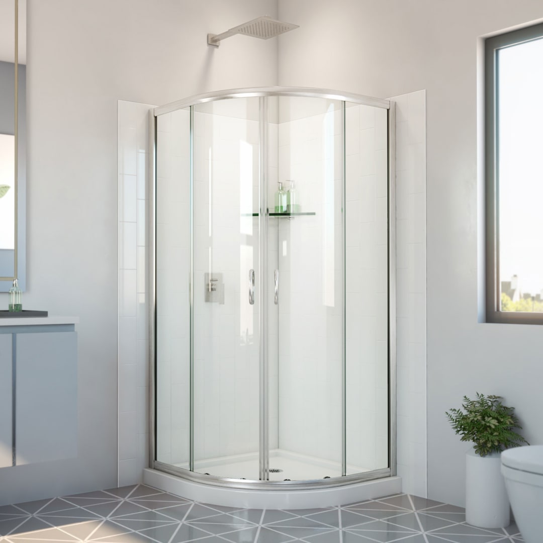DreamLine Prime 36 inch x 36 inch x 78 3/4 inch H Semi-Frameless Sliding Shower Enclosure in Brushed Nickel and Clear Glass, Shower Base, and Wall Kit in White