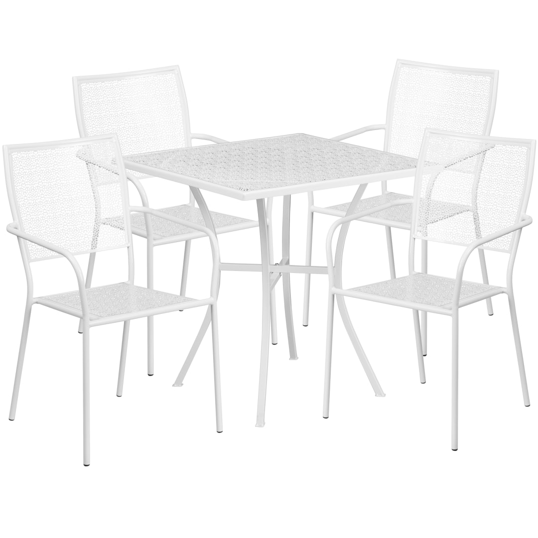 Oia Commercial Grade 28" Square White Indoor-Outdoor Steel Patio Table Set with 4 Square Back Chairs
