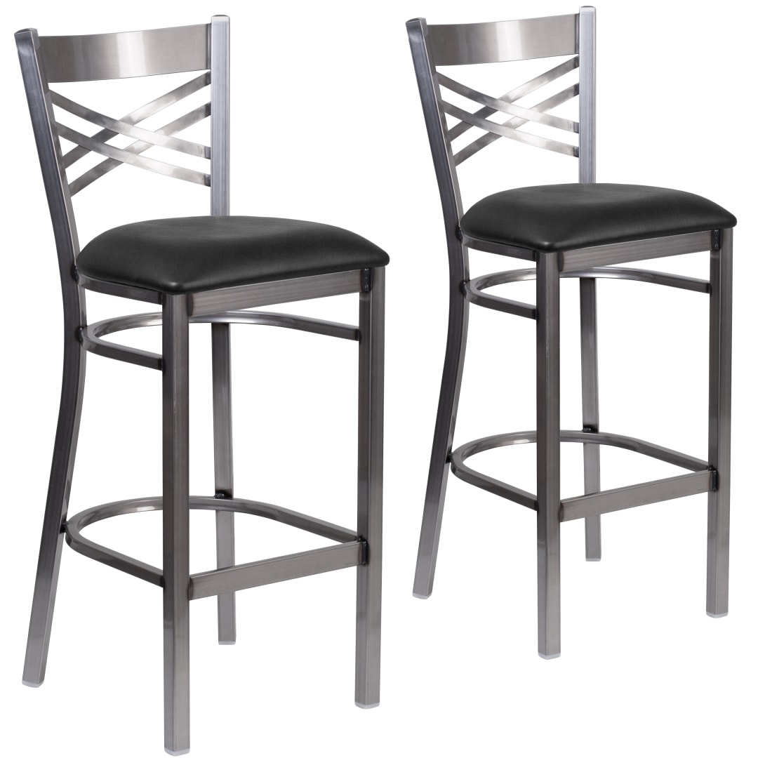 2 Pack HERCULES Series Silver Antique Finish with Clear Coat ''X'' Back Metal Restaurant Barstool - Black Vinyl Seat