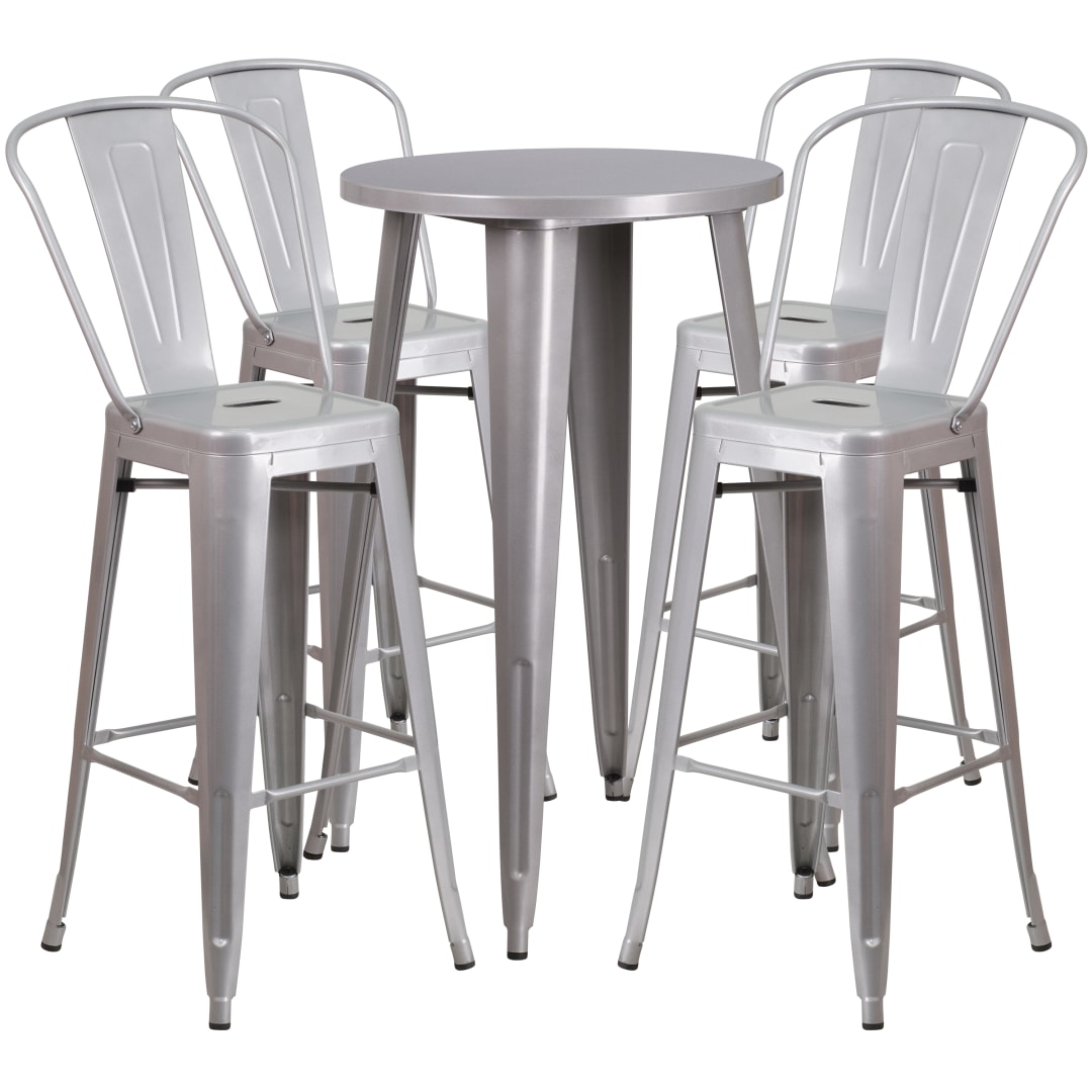 Dexter Commercial Grade 24" Round Silver Metal Indoor-Outdoor Bar Table Set with 4 Cafe Stools