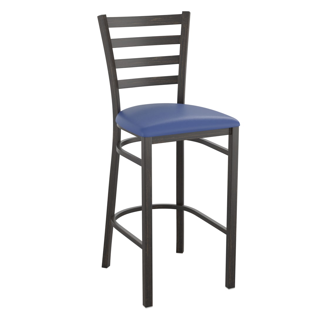 HERCULES Series Distressed Gold Ladder Back Metal Restaurant Barstool - Blue Vinyl Seat