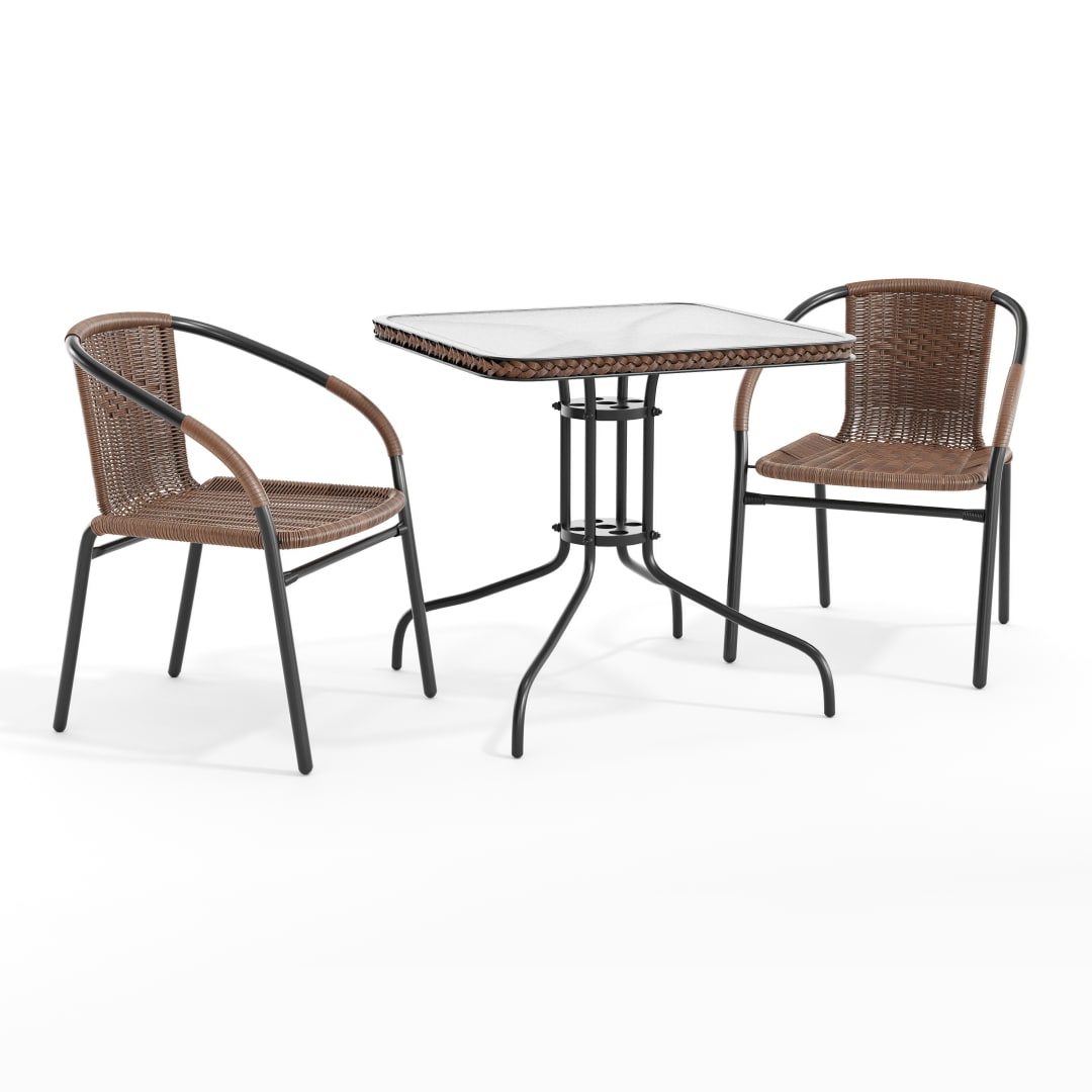 Lila 28'' Square Glass Metal Table with Dark Brown Rattan Edging and 2 Dark Brown Rattan Stack Chairs