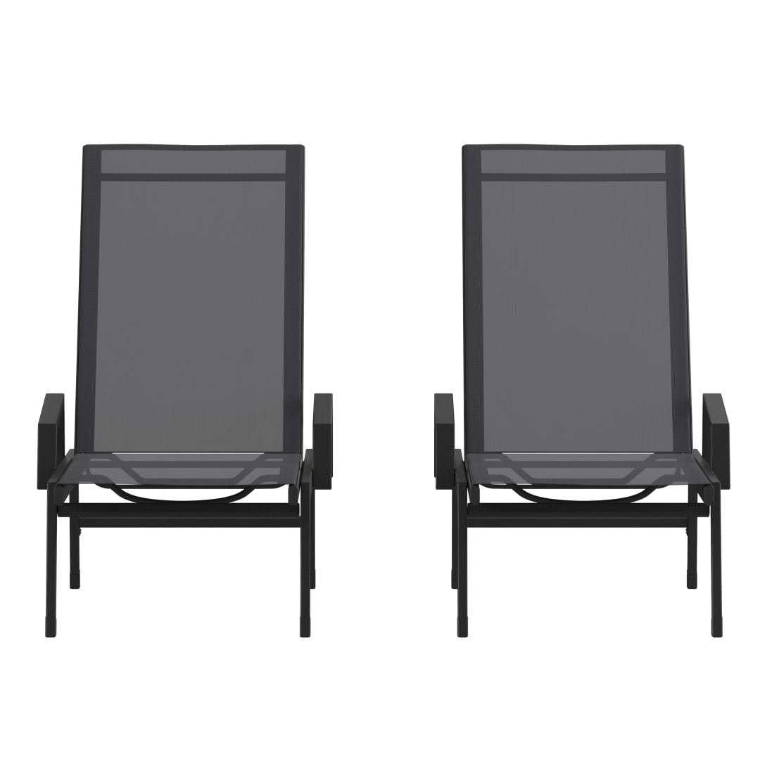 Brazos Set of 2 Adjustable Chaise Lounge Chairs with Arms, All-Weather Outdoor Five-Position Recliners, Black/Black