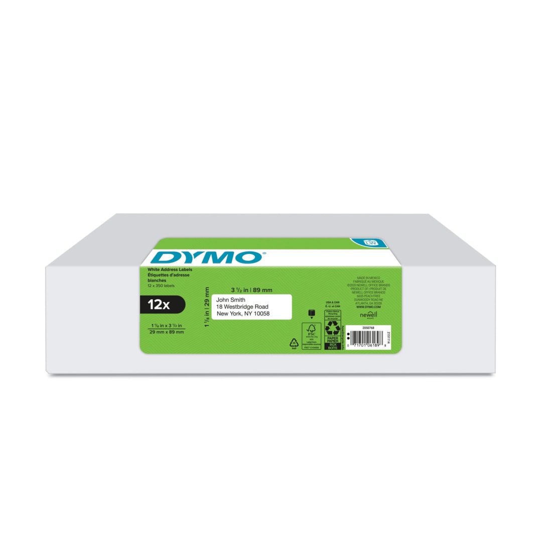 DYMO® Authentic LW Mailing Address Labels for LabelWriter™ Label Printers, White, 1-1/8" x 3-1/2", 12 rolls of 350 (4200 Total)