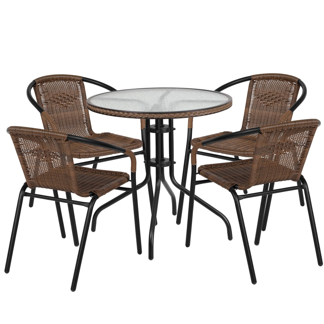 Lila 28'' Round Glass Metal Table with Dark Brown Rattan Edging and 4 Dark Brown Rattan Stack Chairs
