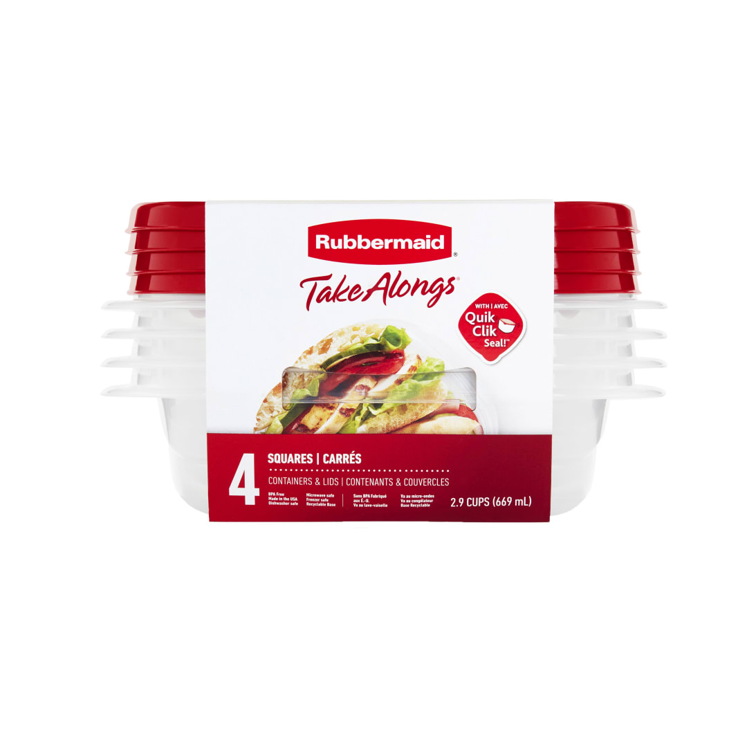 Rubbermaid TakeAlongs Square Food Storage Containers, 669 mL (2.9 Cup), Ruby Red, 4 Pack