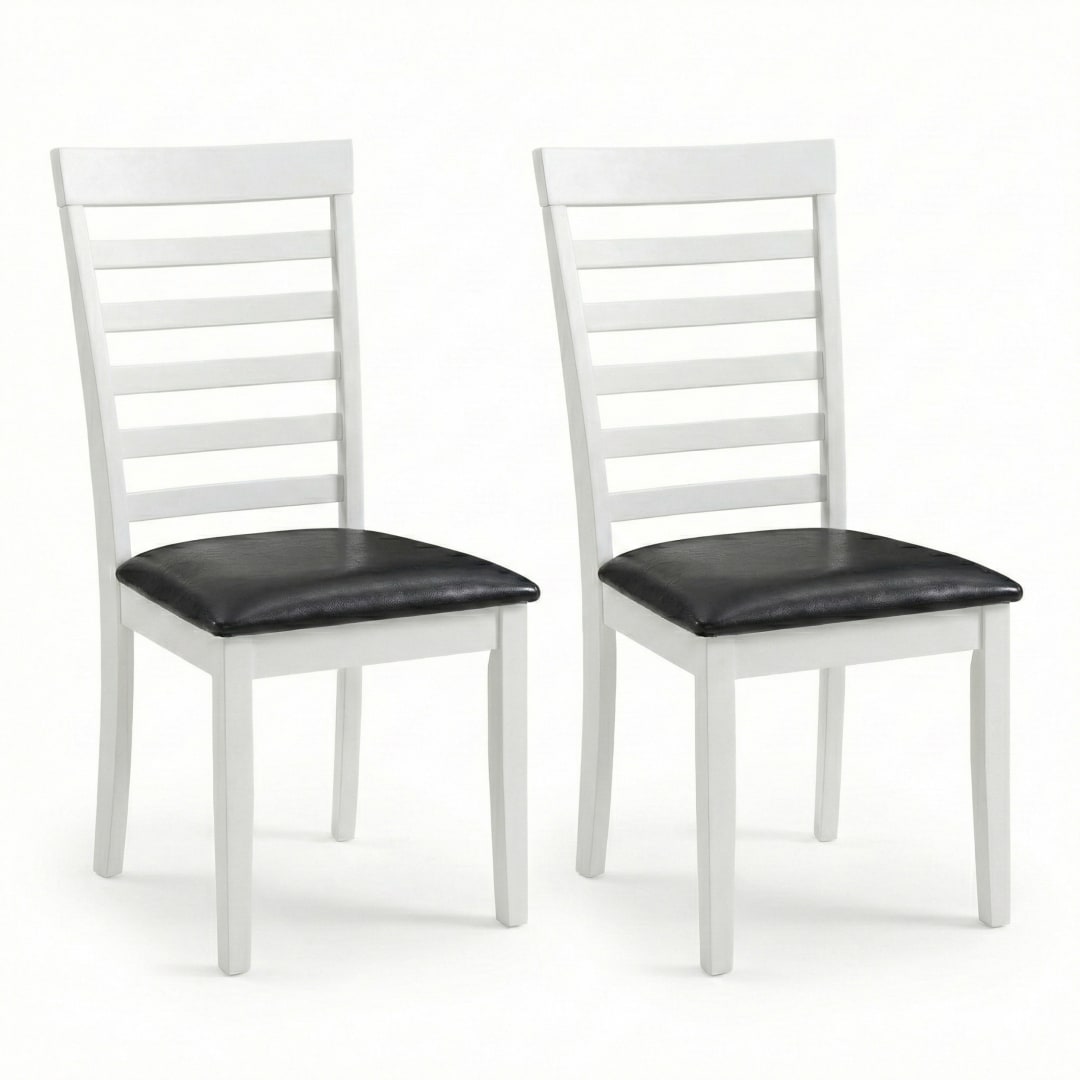 Traditional Dining Chairs, Set of 2, White Finish with Black PU Leather Upholstered Seats Solid Rubberwood