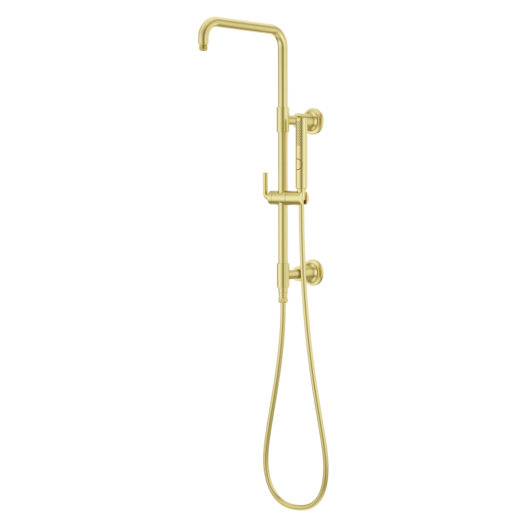 Modern Round 28 in. Shower Column with 60 in. Hose and Handheld Shower in Brushed Gold