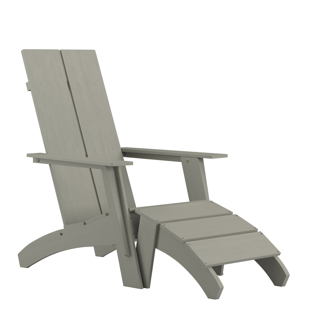Sawyer Modern Commercial All-Weather Poly Resin Wood Adirondack Chair with Foot Rest in Gray