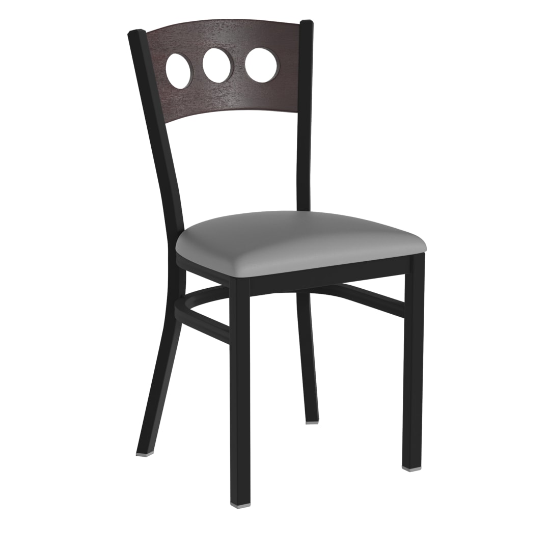 HERCULES Black 3 Circle Back Metal Restaurant Chair - Walnut Wood Back, Gray Vinyl Seat
