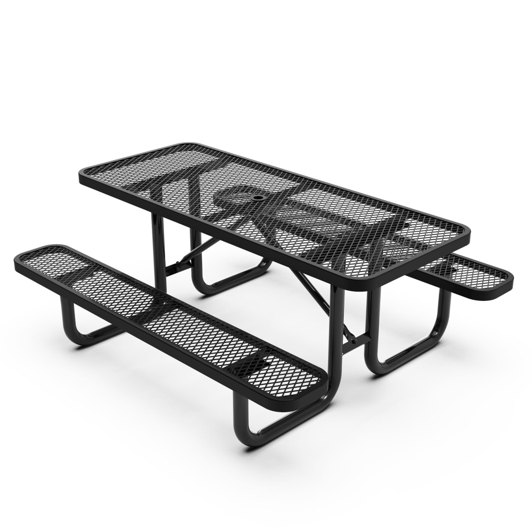 Mantilla 6' Rectangular Outdoor Picnic Table with Commercial Heavy Gauge Expanded Metal Mesh Top and Seats and Steel Frame in Black with Anchors