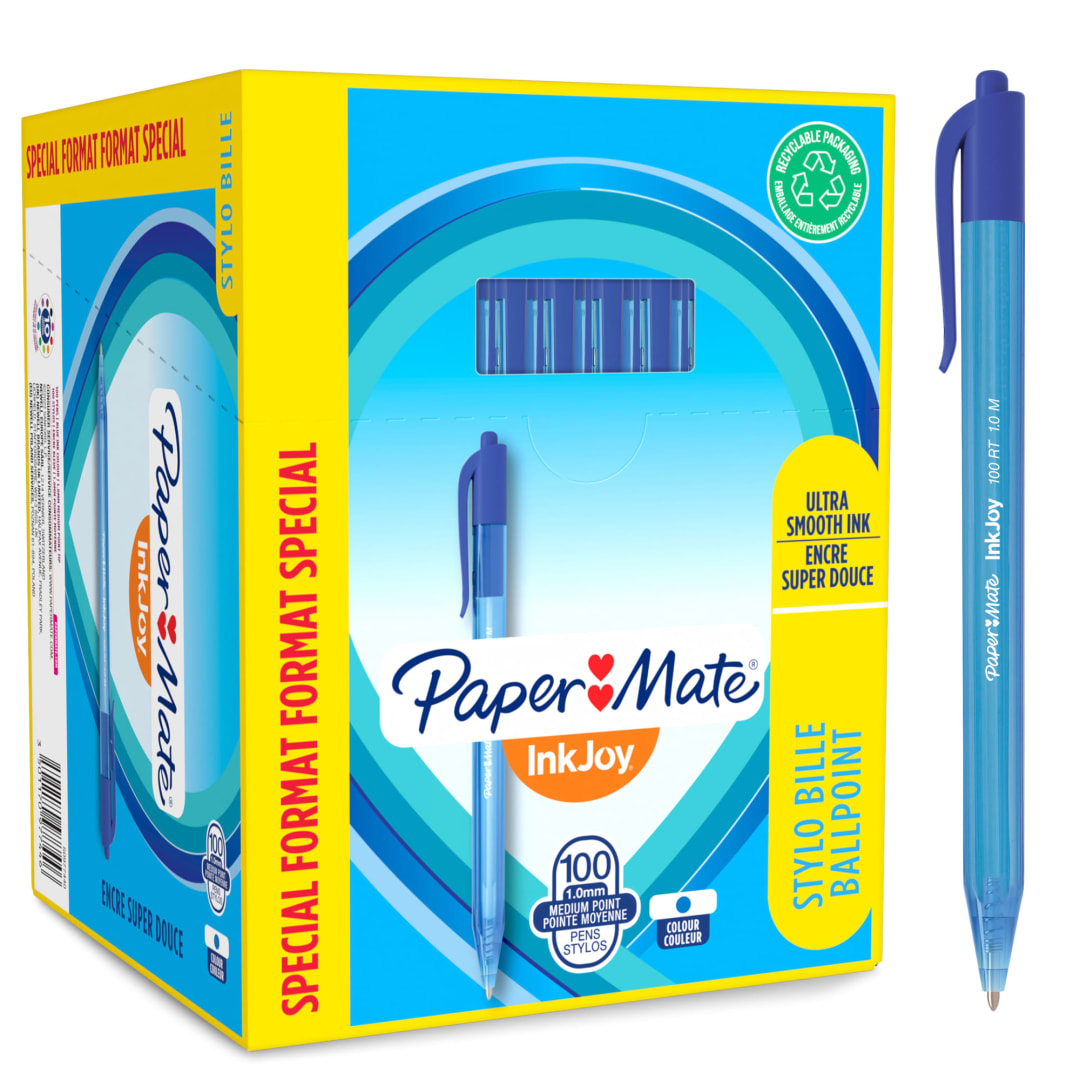 Paper Mate® InkJoy® 100RT Retractable Ballpoint Pens | Medium Point (1.0mm) | Blue | 100 Count