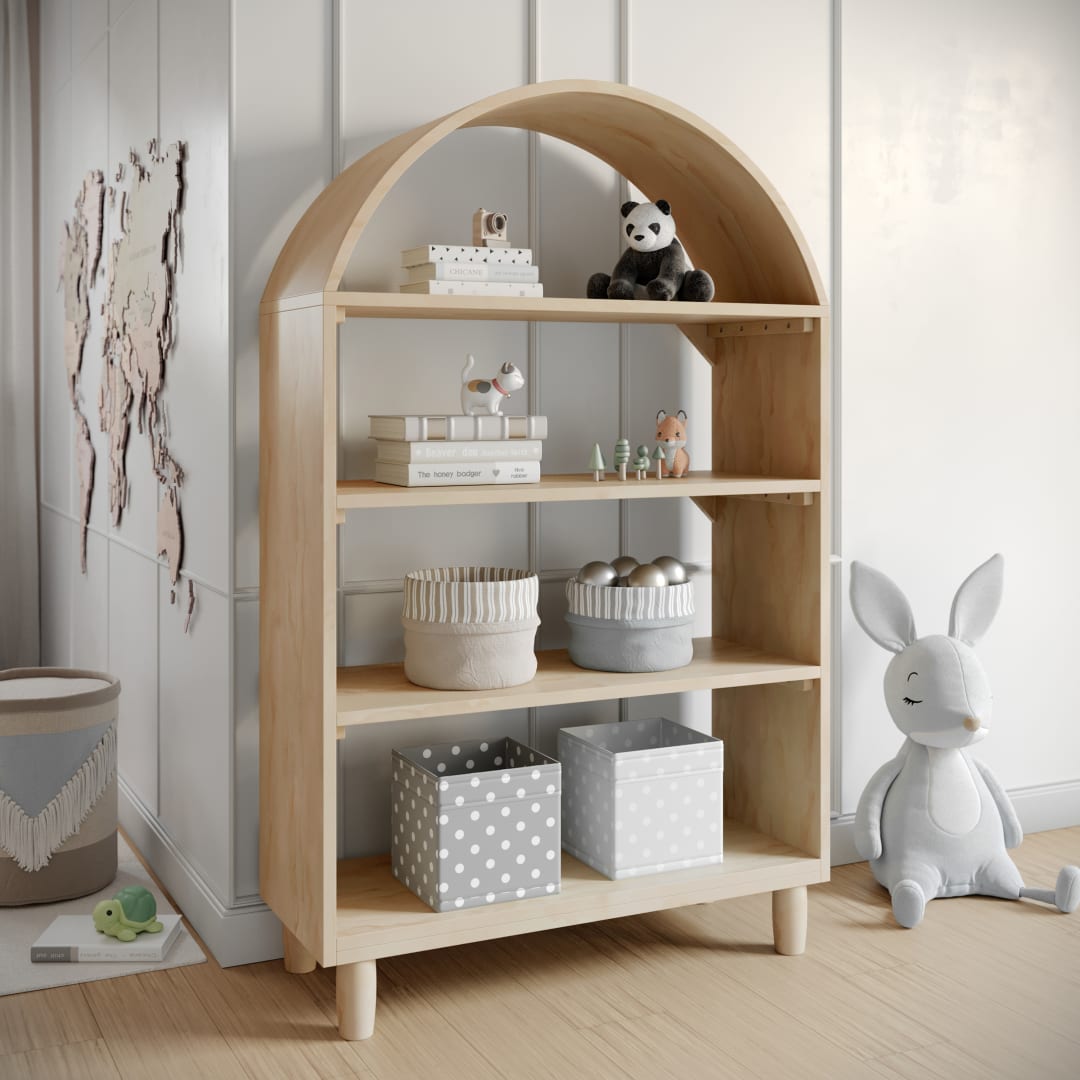 Kids Open-Style Wood Bookshelf with 4 Shelves and Covered Rounded Top, Natural
