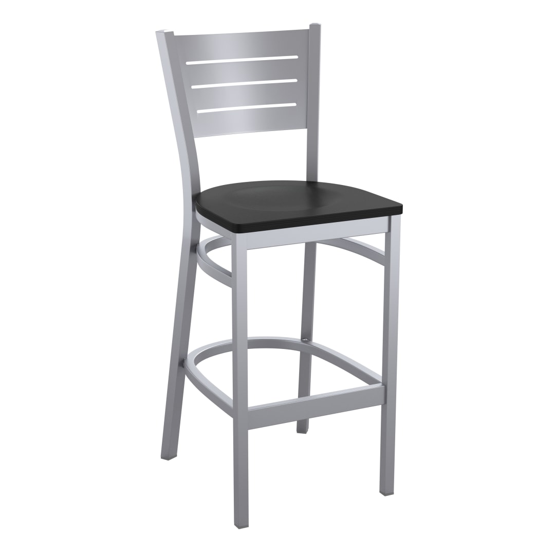 HERCULES Silver Slat Back Metal Restaurant Barstool - Black Wood Seat