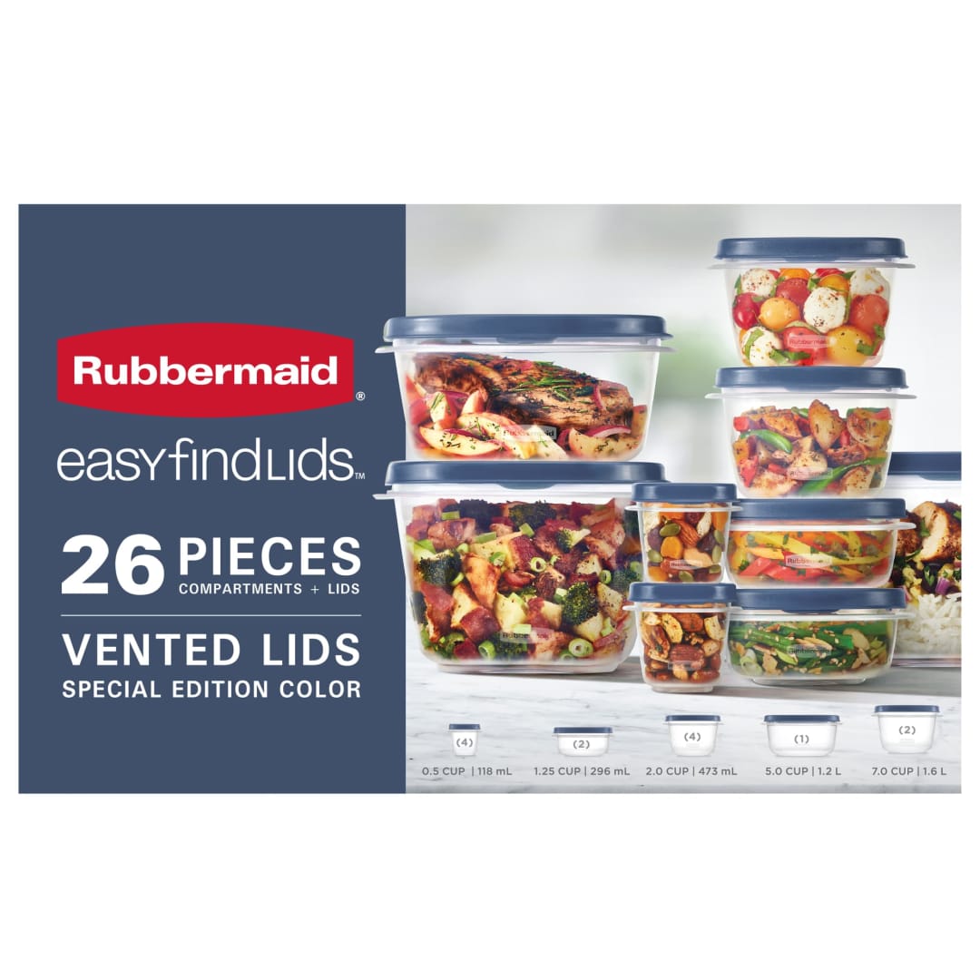 Rubbermaid Easy Find Lids® Food Storage Containers with Vented Lids, 26 Piece Set, Blue