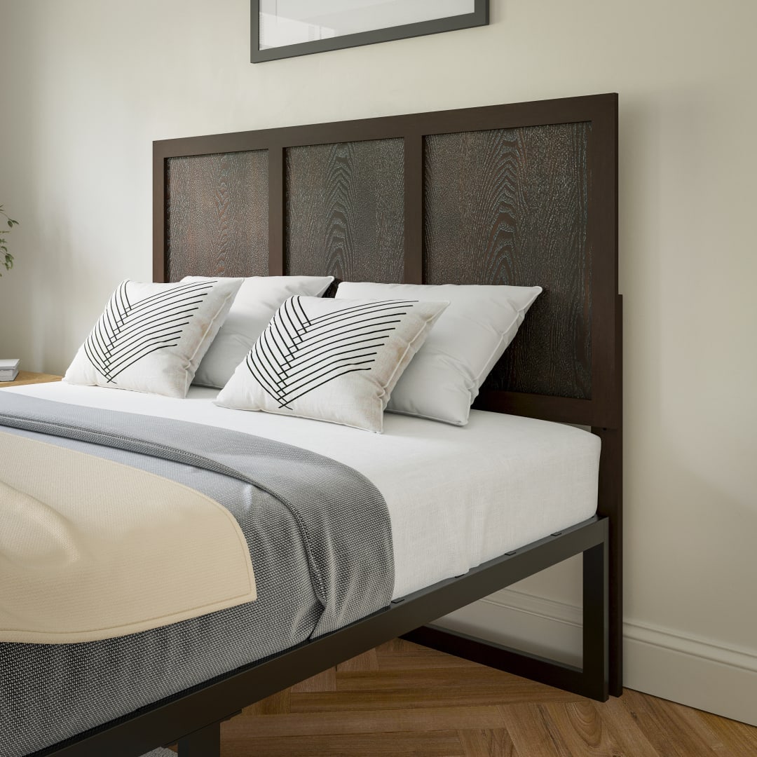 Oliver Full Size Three Panel Wooden Adjustable Headboard for Universal Metal Bed Frames in Dark Brown