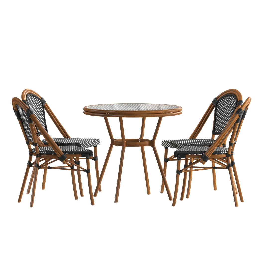 Bordeaux Indoor/Outdoor Commercial Bistro 31.5" Table, Black and White PE Rattan, Glass Top with 4 Stack Chairs