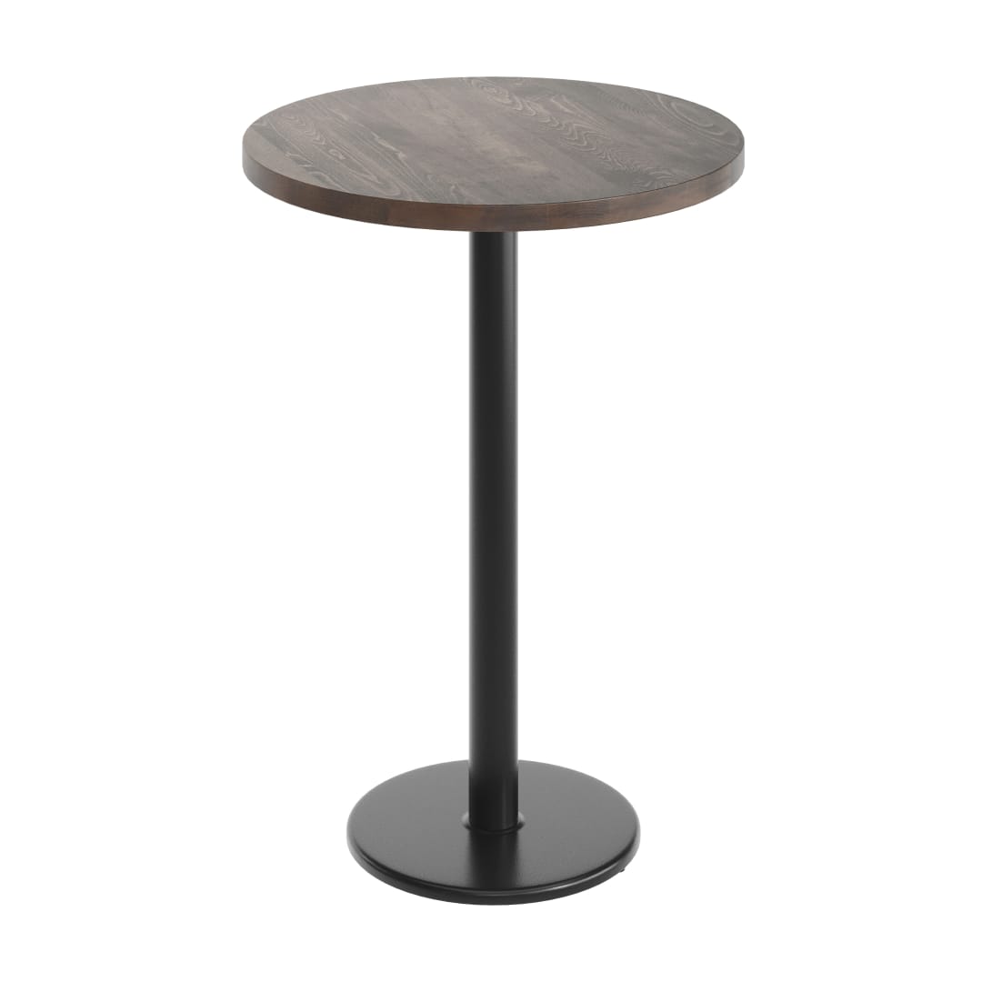 Bennett 30" Round Solid Wood Commercial Indoor Tabletop in Dark Brown with 18" Round Bar Height Rust-Resistant Black Cast Iron Base
