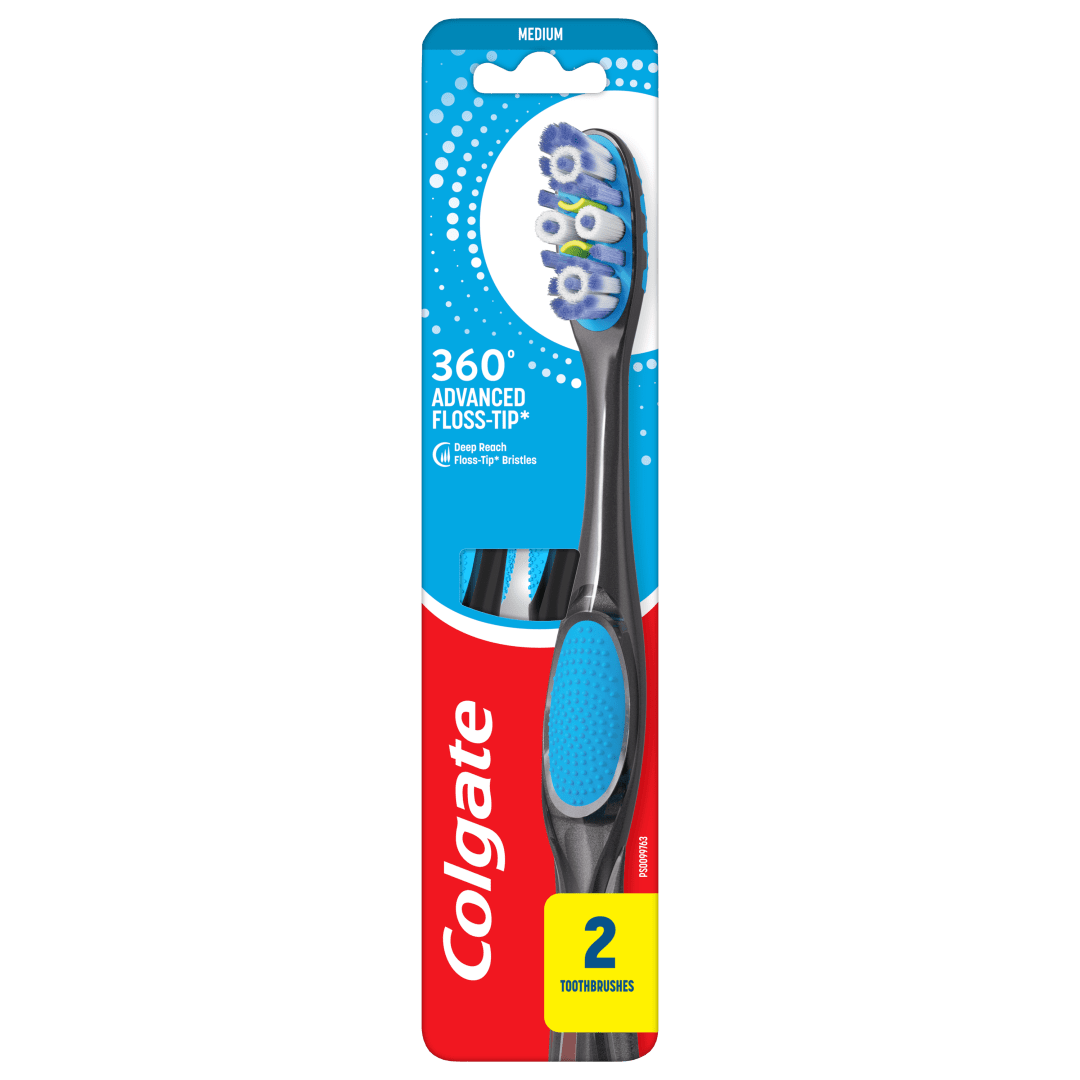 Colgate 360 Floss-Tip Toothbrush Pack, Medium Adult Toothbrushes, 2 Pack