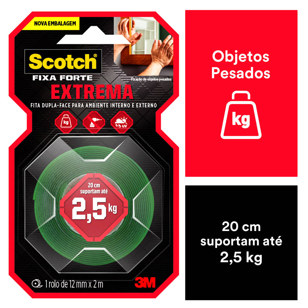 Fita Dupla Face Scotch® Fixa Forte Fixação Extrema, 12 mm x 2 m