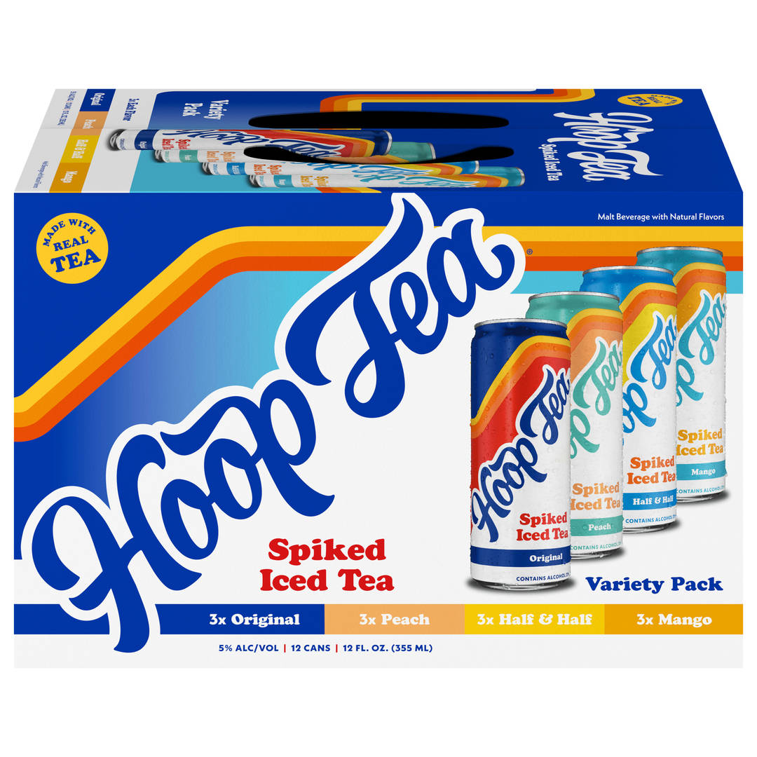 Hoop Tea Four Flavor Variety Pack #2 12x12 oz Can Sleek Pack CARRIER - Original, Mango, Peach, Half and Half
