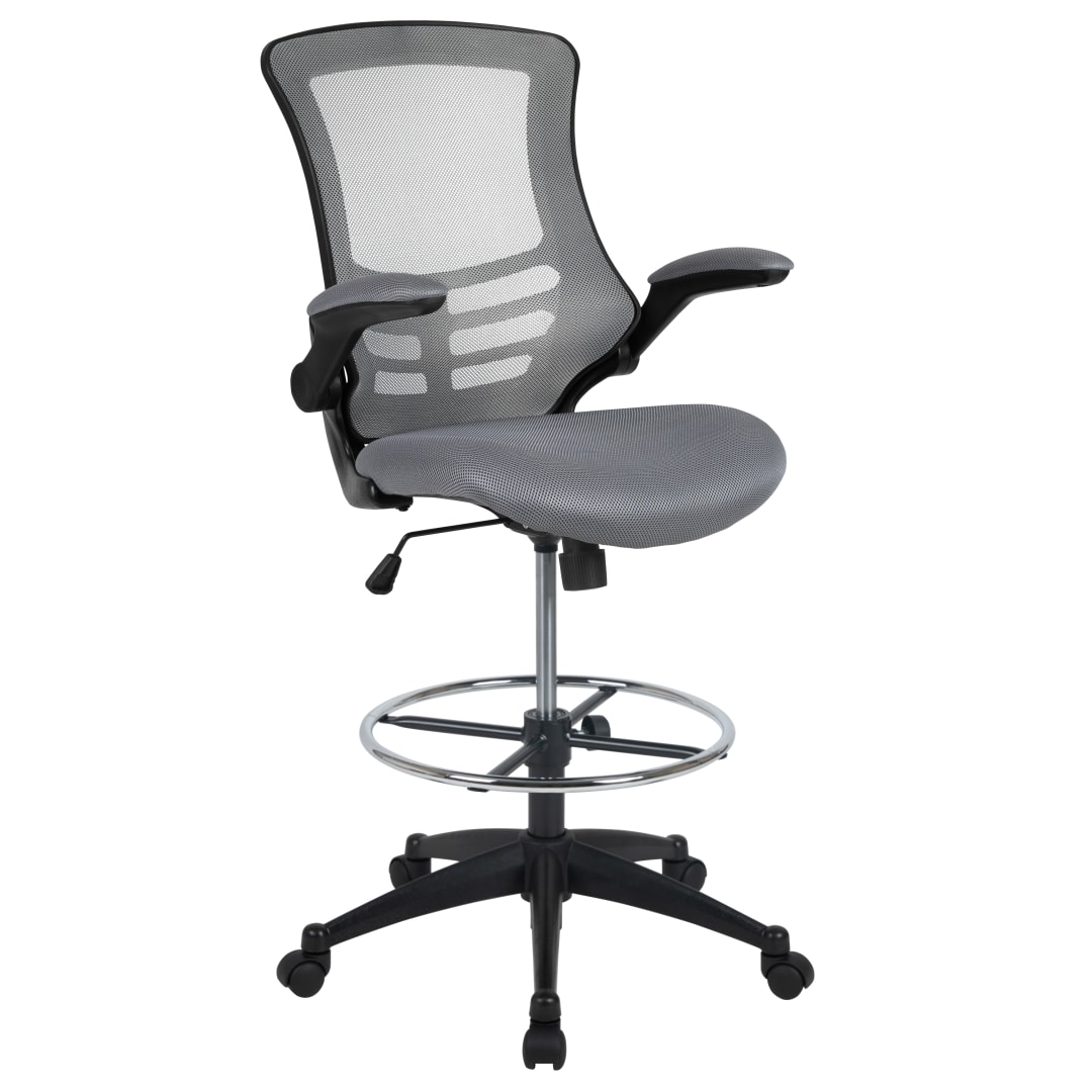 Kelista Mid-Back Dark Gray Mesh Ergonomic Drafting Chair with Adjustable Foot Ring and Flip-Up Arms