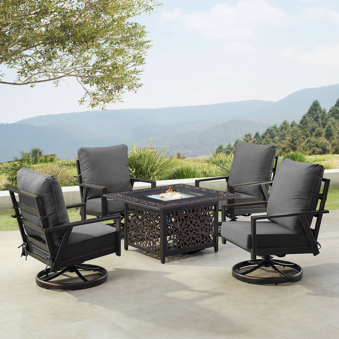 Black Aluminum Patio Fire Table Set with Four Club Chairs