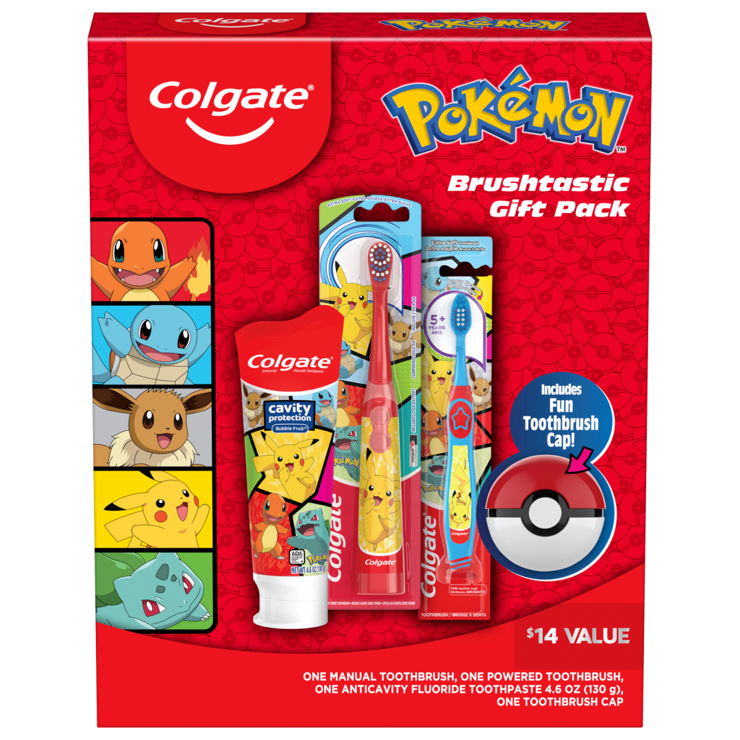 Colgate Kids Toothbrush Set with Toothpaste, Pokemon Gift Set, 1 manual toothbrush, 1 powered toothbrush, 1 toothpaste, and 1 toothbrush cap