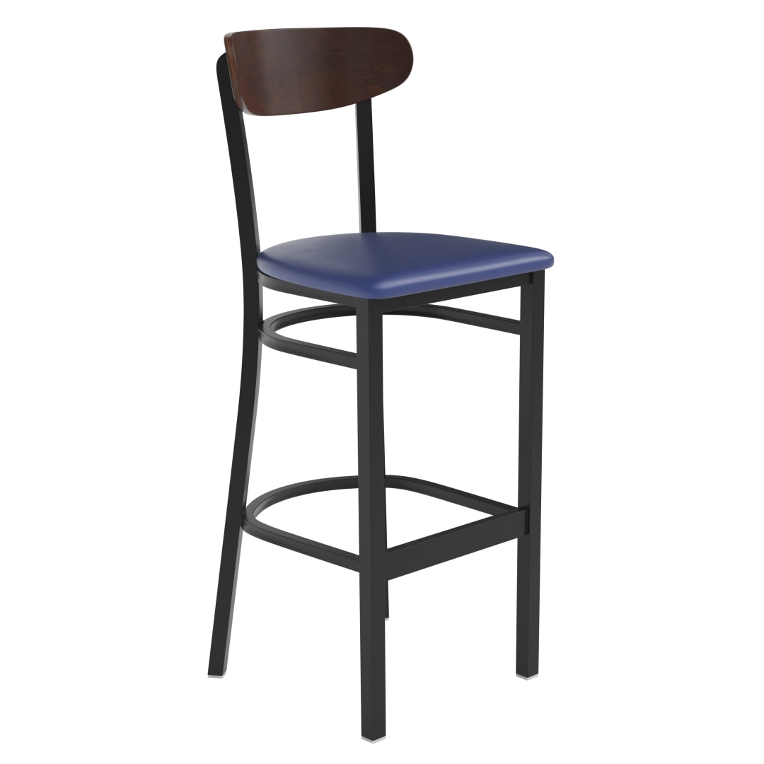 Wright Commercial Barstool with 500 LB. Capacity Black Steel Frame, Walnut Finish Wooden Boomerang Back, and Blue Vinyl Seat