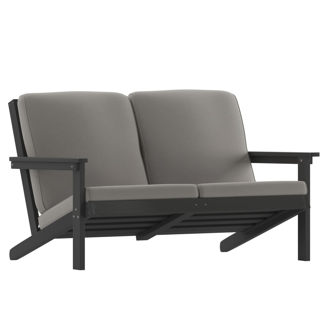 Charlestown All-Weather Poly Resin Wood Adirondack Style Deep Seat Patio Loveseat with Cushions, Black/Charcoal