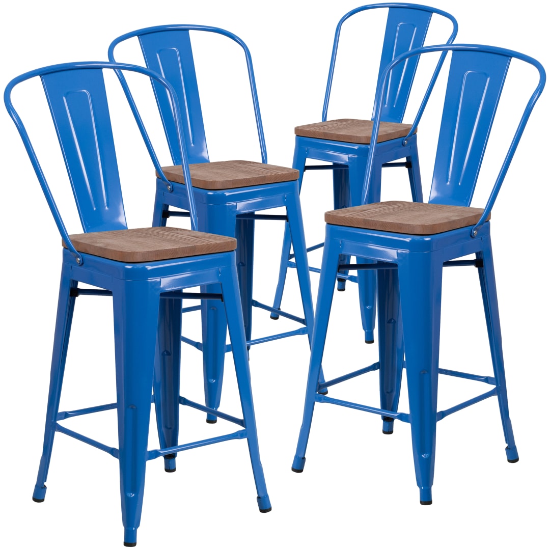 Lily 4 Pk. 24" High Blue Metal Counter Height Stool with Back and Wood Seat