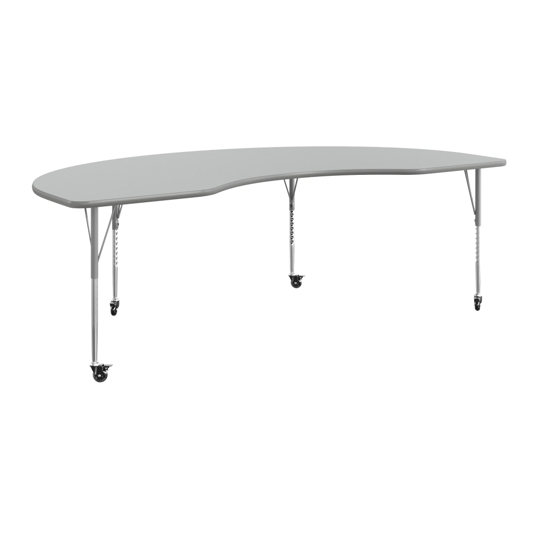 Wren 96" x 48" Kidney Adjustable Height Activity Table, Thermal Laminate Top, Standard Legs with Locking Casters, Gray