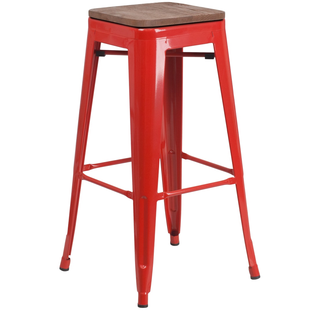 Lily 30" High Backless Red Metal Barstool with Square Wood Seat