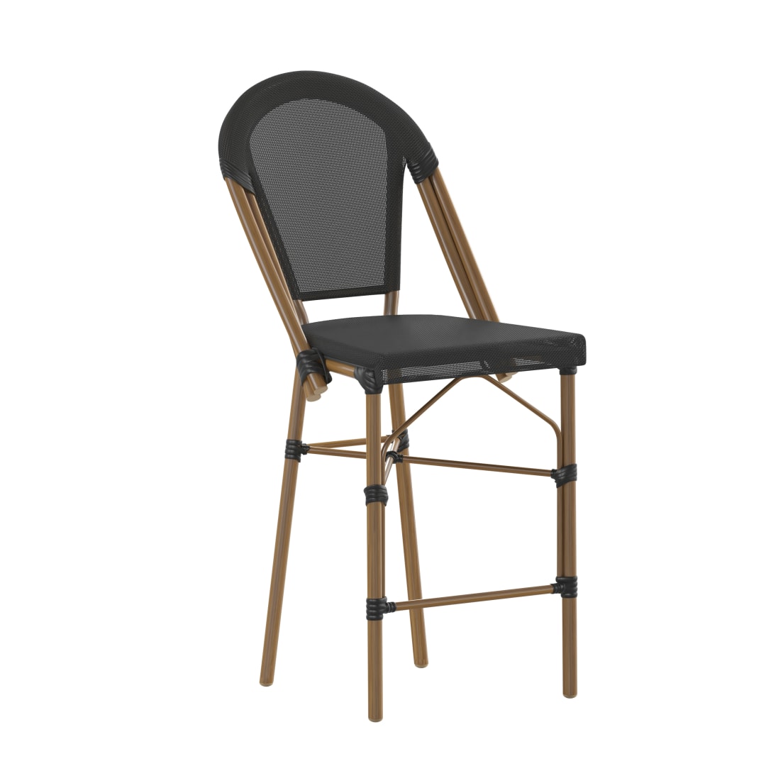 Marseille Stackable Indoor/Outdoor Bistro 26" High Counter Height Stool, Commercial Grade, Black and Bamboo Finish