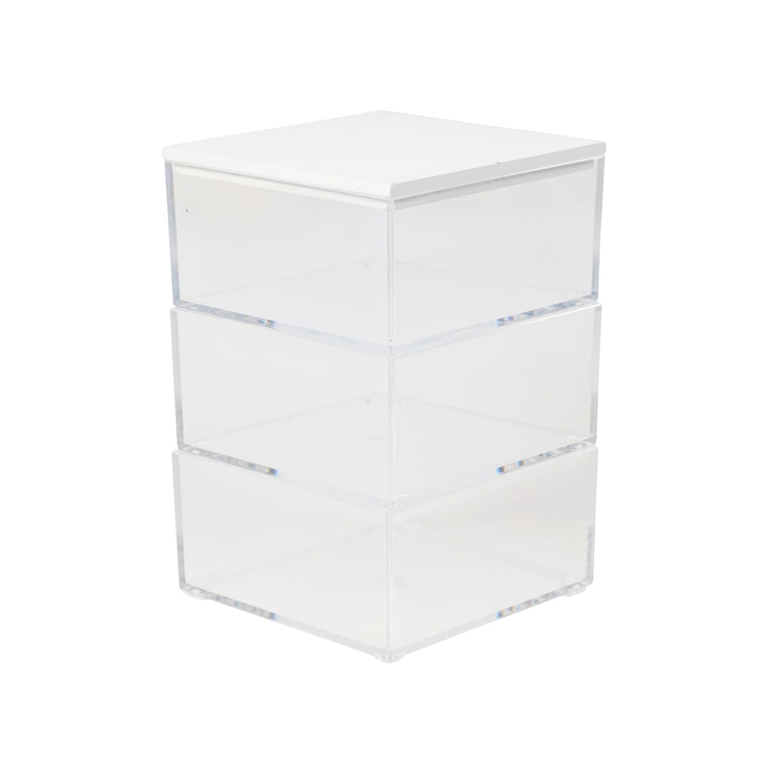 Brody Clear Plastic Storage Organizer Bins with White Engineered Wood Lid for Home Office, Kitchen, or Bathroom, 3 Pack Small, 3.75" x 3"
