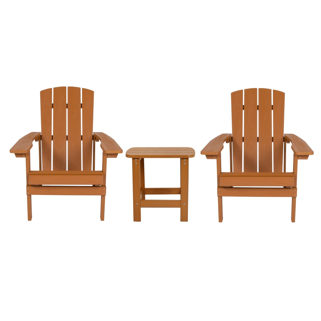 2 Pack Charlestown Commercial All-Weather Poly Resin Wood Adirondack Chairs with Side Table in Teak