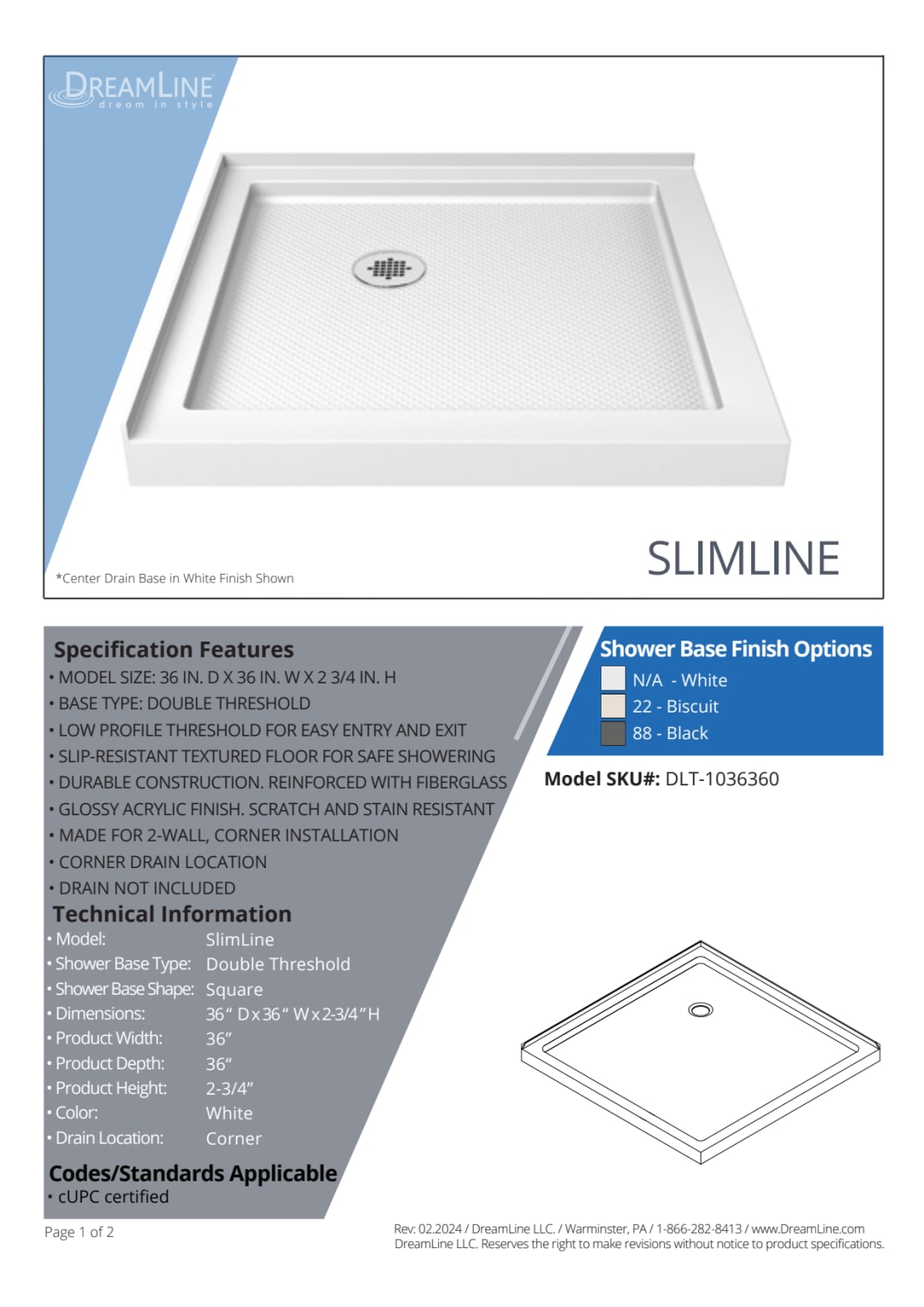 DreamLine SlimLine 36 inch D x 36 inch W x 2 3/4 inch H Corner Drain ...