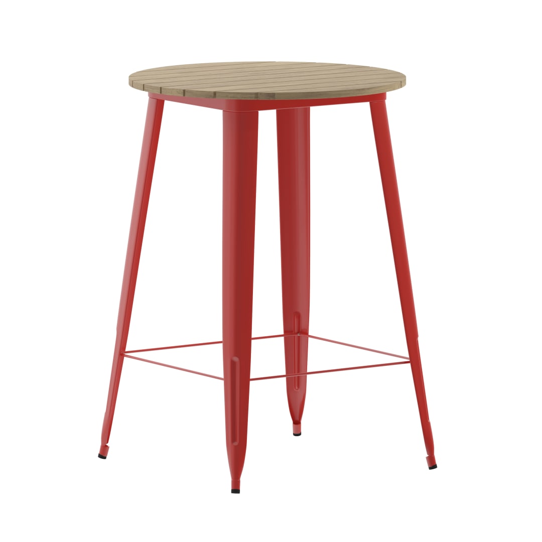 Declan Commercial Indoor/Outdoor Bar Top Table, 30" Round All Weather Brown Poly Resin Top with Red Steel base