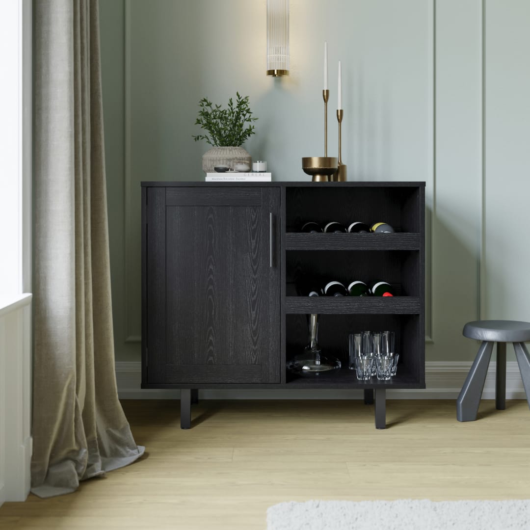 Elmont Classic Bar and Sideboard with Shaker Style Single Door Cabinet with Hanging Glass Storage and Open Bottle Shelves, Black