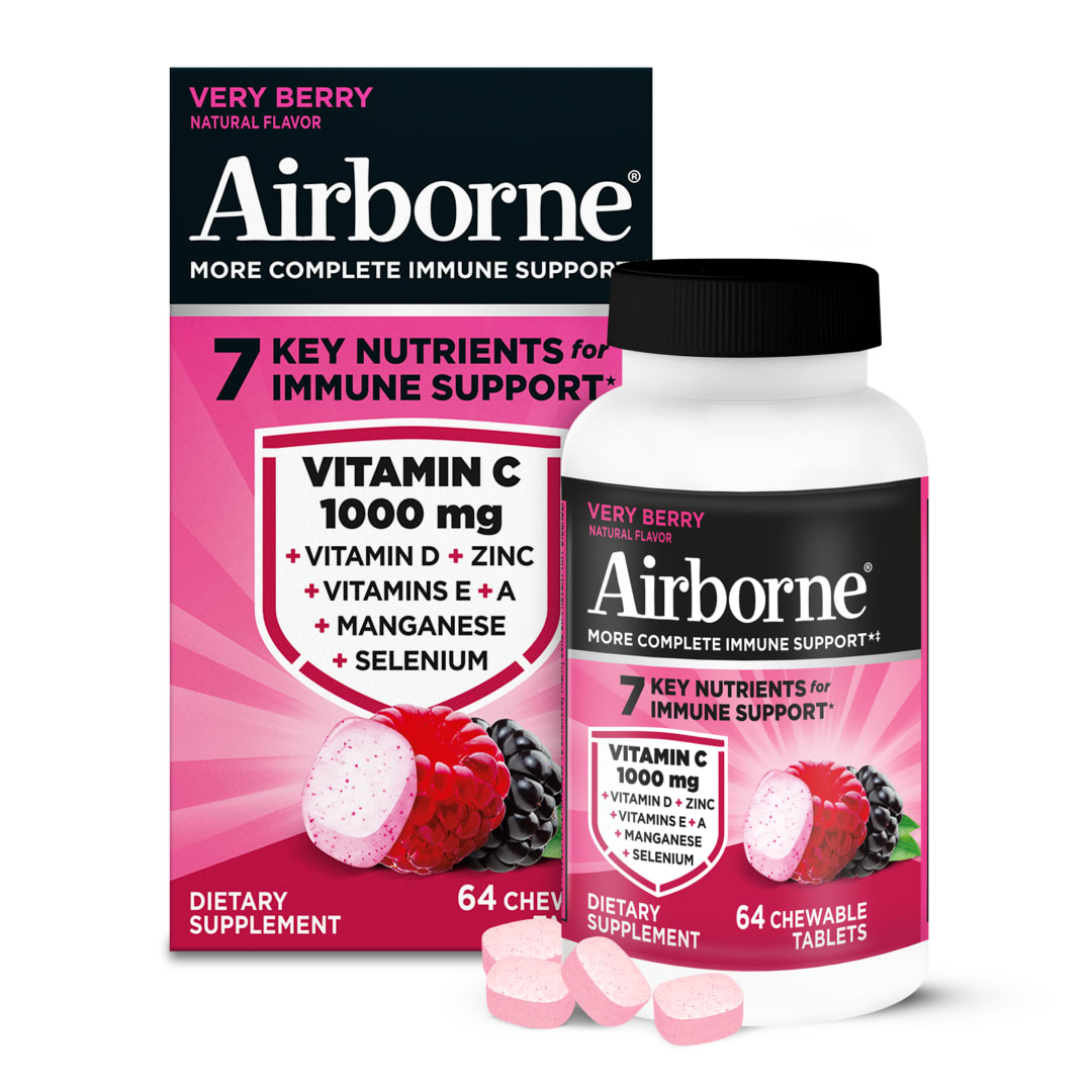 Airborne Very Berry Chewable Tablets, 64ct | Immune Support Supplement with 1000mg Vitamin C + Vitamins A, D, E, Zinc,Selenium, & Manganese | Herbal blend | Gluten Free