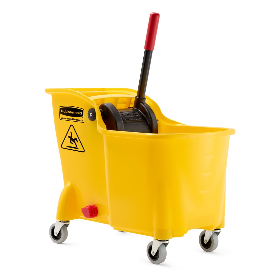 Rubbermaid Commercial Products 31 Quart Tandem Mop Bucket with Wringer and Drain, Commercial Rolling Mop Bucket with Wringer, Commercial Cleaning Supplies
