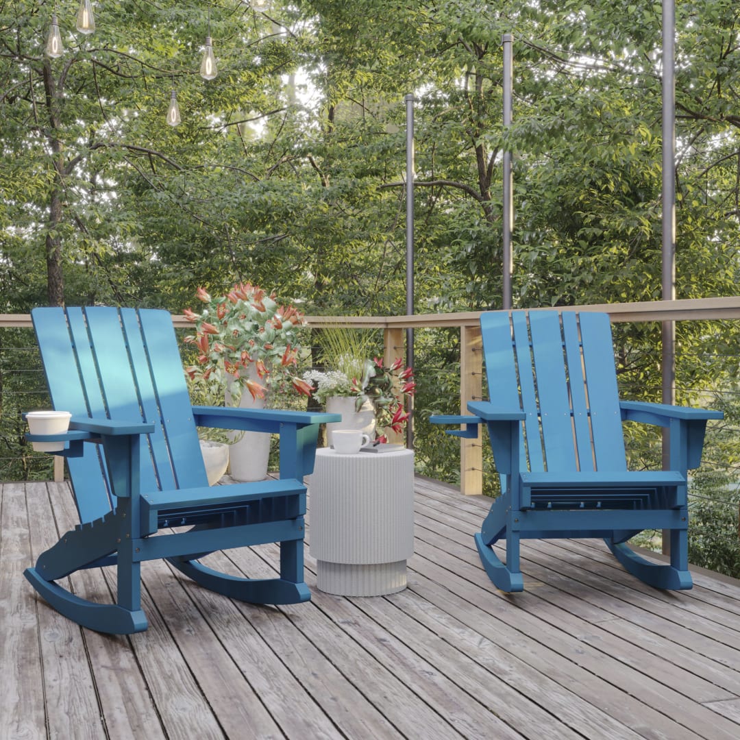 Halifax Adirondack Rocking Chair with Cup Holder, Weather Resistant HDPE Adirondack Rocking Chair in Blue, Set of 2