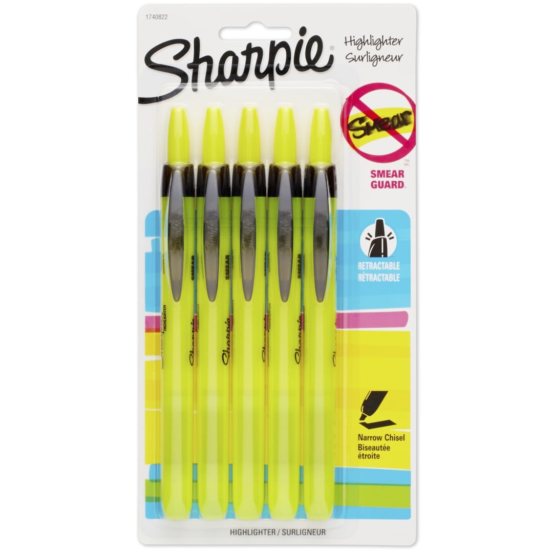 Sharpie® Accent Retractable Highlighters, Narrow Chisel Tip, Yellow, 5 Count