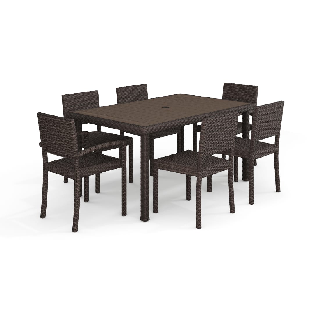 Bedford 7-Piece Indoor-Outdoor Dining Set with 6 Stackable Dining Chairs and 62" Patio Table with Engineered Wood Top in Brown Rattan Wicker