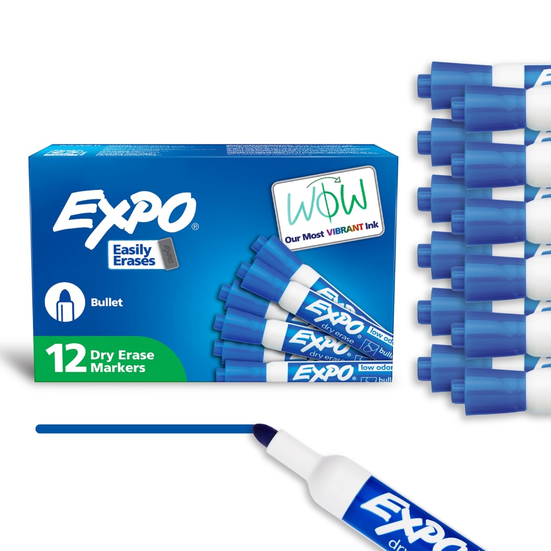 EXPO Dry Erase Markers, Low Odor Ink, Blue, Bullet Tip, 12 Count