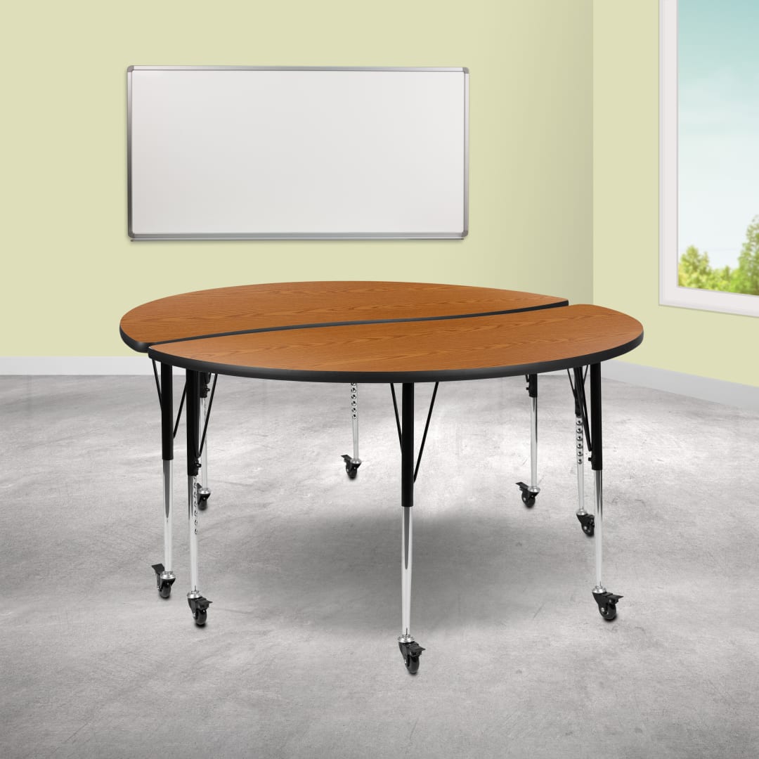 Emmy 2 Piece Mobile Emmy 60" Circle Wave Flexible Oak Thermal Laminate Adjustable Activity Table Set