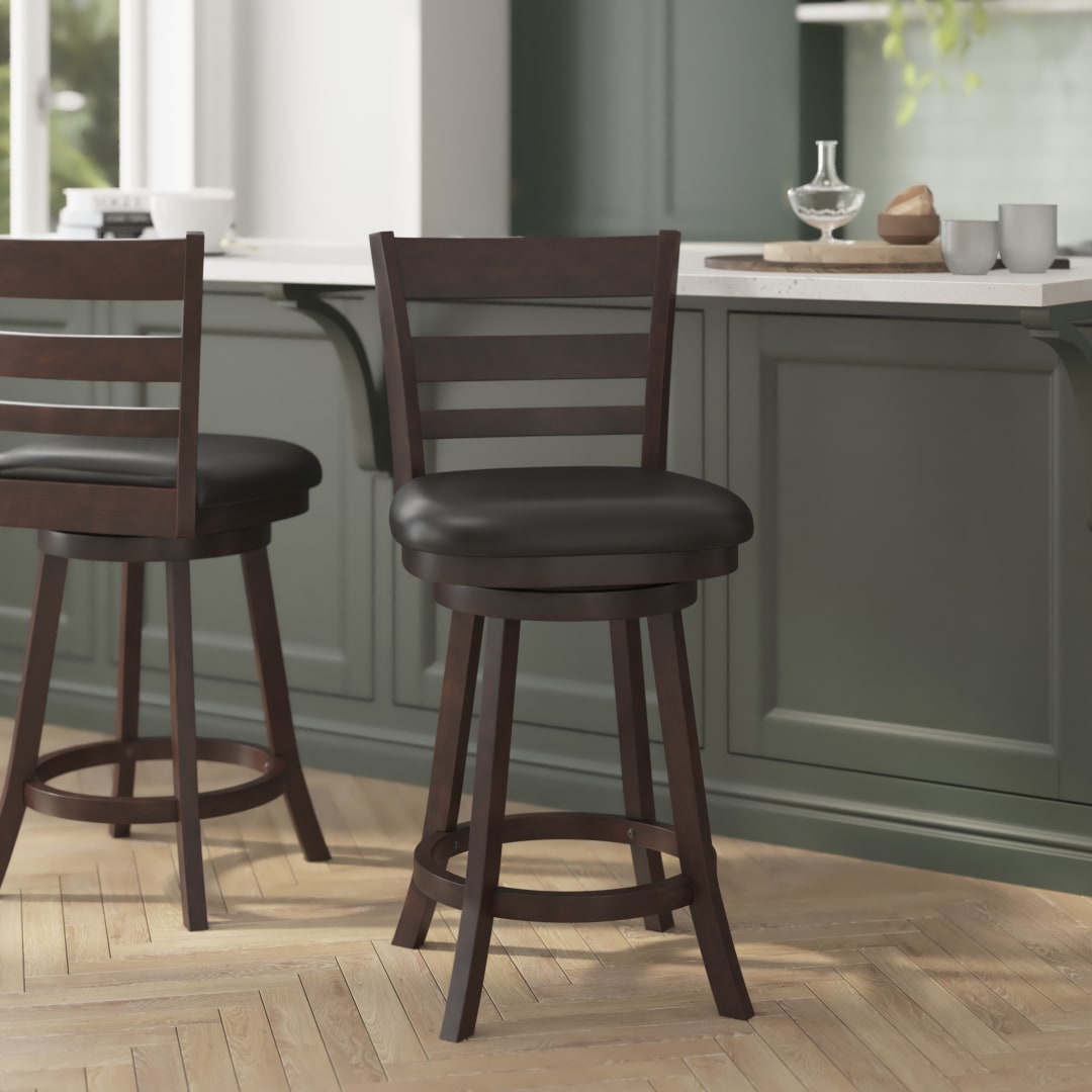Zerrick Commercial Grade Wood Classic Ladderback Swivel Counter Height Barstool with Padded Black LeatherSoft Seat, Espresso
