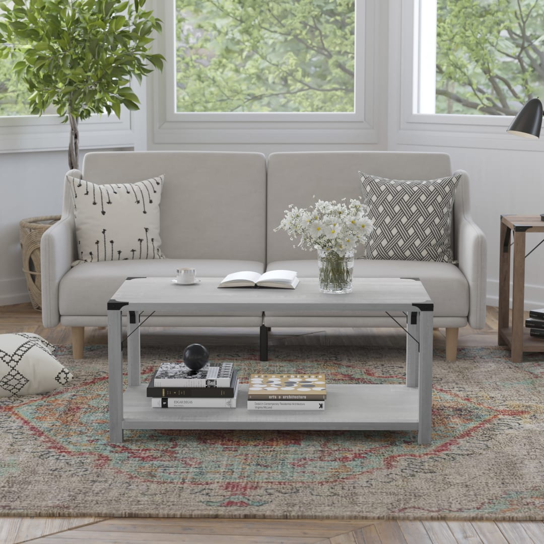 Wyatt Modern Farmhouse Wooden 2 Tier Coffee Table with Black Metal Corner Accents and Cross Bracing, Aspen Gray