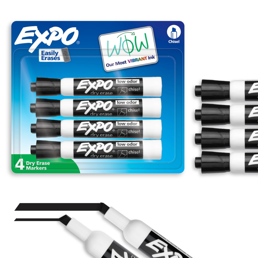 EXPO Dry Erase Markers, Low Odor Ink, Black, Chisel Tip, 4 Count