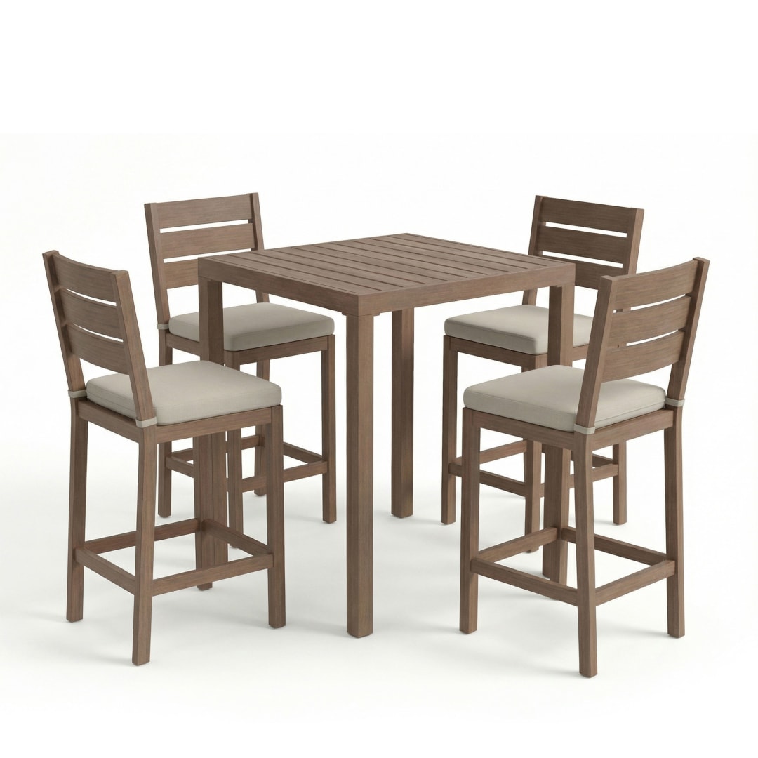 Bedford 5 Piece Aluminum Patio Set, 4 Bar Stools with Cream Cushions, 35.5" Square Patio Table, Brown Brushed Woodgrain Finish